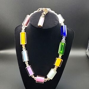VTG 16" Multi Color Stripped Cane Glass Necklace Briolette Faceted Crystal Beads